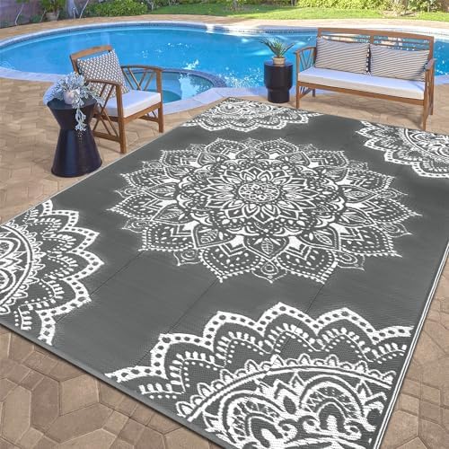 Yamaziot Waterproof Outdoor Rug 9x12 ft, Reversible Plastic Straw Rug for Patio Clearance, Camping, RV Mat, Large Outside Rug Carpet for Porch, Deck, Backyard, Balcony, Picnic (Grey) by Yamaziot
