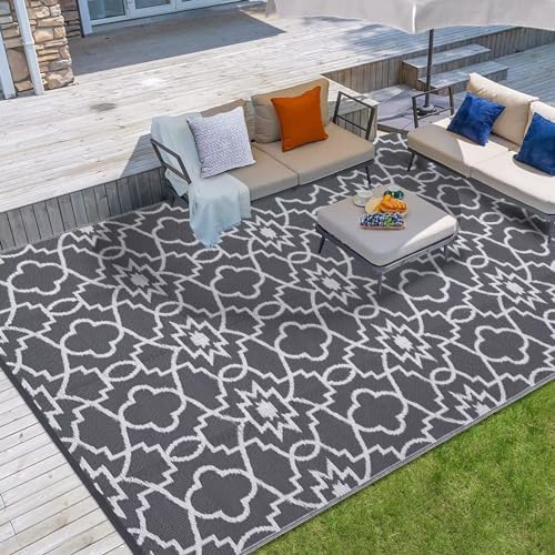 Reversible Mat 8x10 Plastic Straw Rug Outdoor Rug Geometric Area Rug Waterproof Patio Rug Outdoor Camping Rug for RV Porch Deck Camper Balcony Backyard Easy Cleaning Picnic Mat Grey White by Unknown