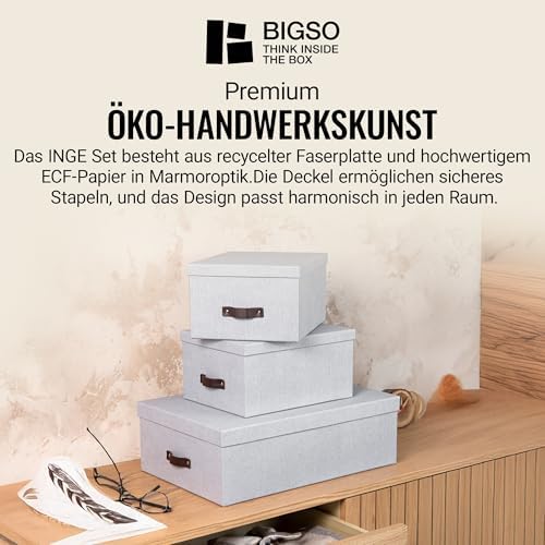 Bigso Box of Sweden Set of 3 Storage Boxes with Lids - Organiser Box for Clothes, Office Equipment and More - Wardrobe Storage Boxes with Labels for Bedding or Seasonal Clothing - Grey - Image 4