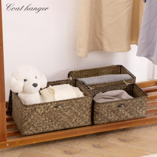 Nonam Wicker Storage Basket with Lid,Seagrass Shelf Basket Set of 3,Coffee - Image 5