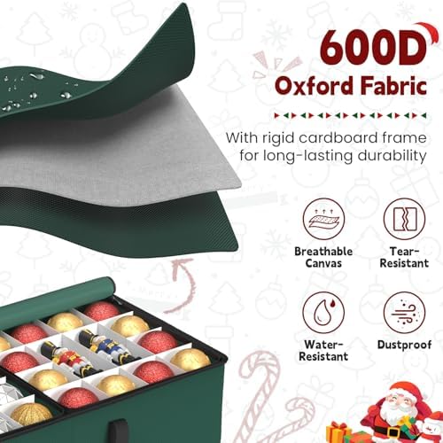 Sunvigor Christmas Ornament Storage Box with 8 Trays, Fits 128 Holiday Ornament Christmas Storage Container with Adjustable Dividers, Dual Zipper, 600D Oxford Christmas Decorations Storage(Deep Green) - Image 4