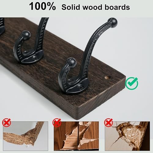 WEBI Rustic Coat Rack Wall Mount,5 Cast Iron Coat Hooks Wall Mounted,Heavy Duty Wood Wall Coat Hanger Hooks for Hanging Coats,Jacket,Clothes,Backpack,Farmhouse,Weathered Brown,2 Packs - Image 5