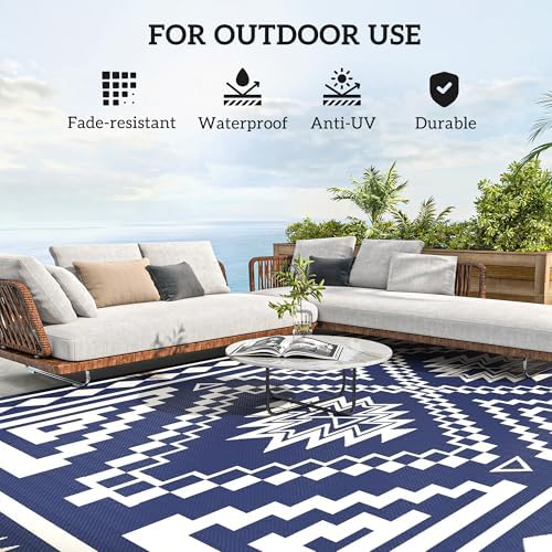 Outsunny Outdoor Rug for Patio Waterproof 9' x 18' Blue & White Square - Image 6