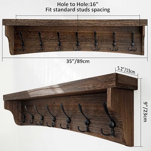 WEBI Rustic Coat Rack Wall Mount with Shelf,35" Long Wall Shelf with Hooks Underneath,7 Triple Hooks for Hanging Jacket,Bathroom,Entryway,Weathered Brown - Image 6