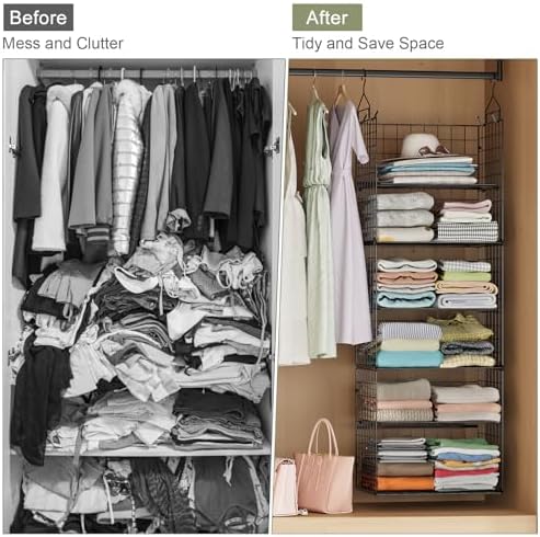 8 Tier Widened Hanging Closet Organizer and Storage Shelves, Metal & Foldable Hanging Clothing Organizer Baskets with Adjustable Dividers for Sweaters Shoes Handbags,Black (L11.81"xW16.14"xH15.35") - Image 5