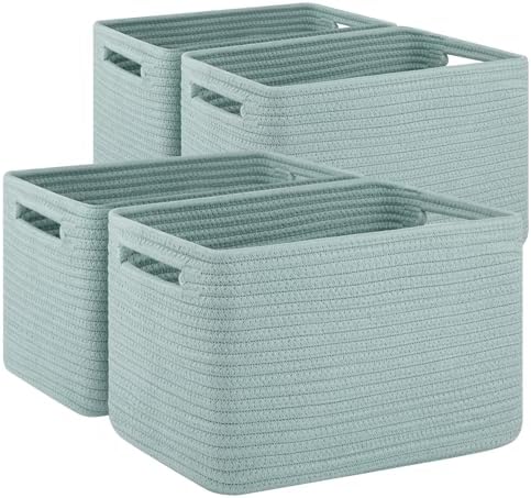 4 Pack Storage Baskets for Organizing Toys, Towels, and Clothes, Woven Basket for Shelves, Sturdy Nursery Cube Bins for Storage, 13''L x9''W x7.8''H, Frosty Green by SIXDOVE