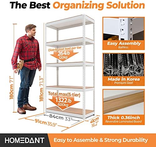 HOMEDANT White 35.9" W 5 Tier Storage Shelves Garage Shelving Unit Metal - Image 2