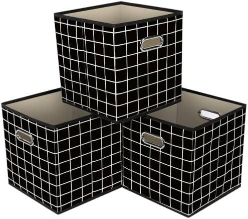 Fabric Cubby Storage Bins,13x13x13 Inches,Cube Organizer Bin Foldable Storage Boxes with Dual Handles Fabric Organizer Box and collapsible Storage basket,Set of 3,Black grid by Yunkeeper