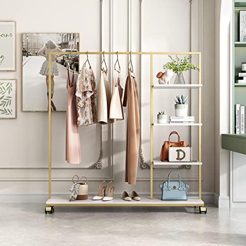 Metal Gold Clothing Rack for Boutique Use, Heavy Duty Garment Rack with Shelves for Retail Display (59L inches) by FONECHIN