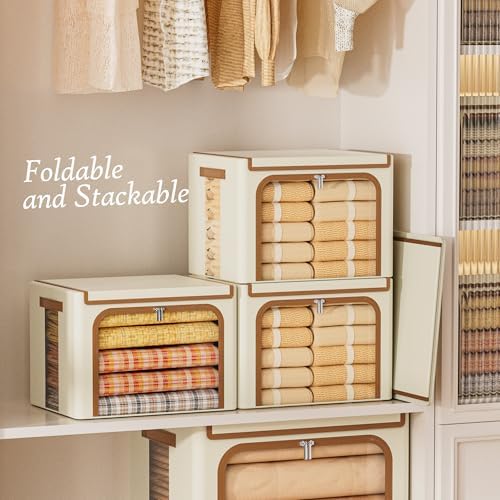 Yecaye Foldable Large Clothes Storage Bins with Lid, Beige, 66L, 3 Pack - Image 3