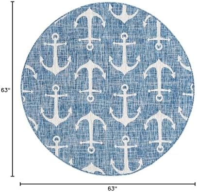 Unique Loom Outdoor Coastal Collection Area Rug - Ahoy (5' 3" Round, Blue/ Ivory) - Image 2