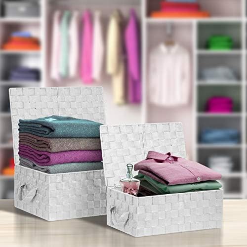 Sorbus Woven Storage Basket with Lid, Set of 3 (White) - Image 3