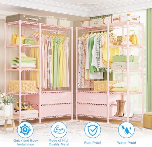 Ulif F3 Heavy Duty Clothes Rack（With Fabric Drawers）Freestanding Clothing Racks for Hanging Clothes，Adjustable Closet Organizer System，Portable Garment Rack 40" W x 15" D x 72" H，Max Load 700LBS，Pink - Image 4