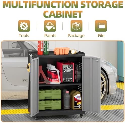 34''H Garage Storage Cabinet with Wheels, Meatl Storage Cabinet with Lock - Image 4