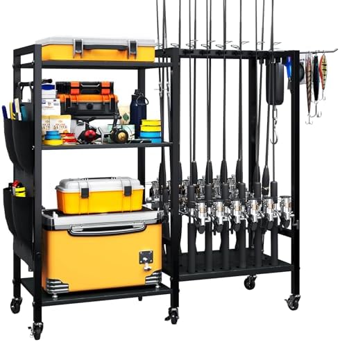TC-HOMENY 16-Rod Fishing Rod Holder for Garage, Fishing Pole Rack Cart Fit All Fishing Rods, 3 Tier Fishing Tackle Storage Organizer Rack with Storage Bag, For Living Room by TC-HOMENY
