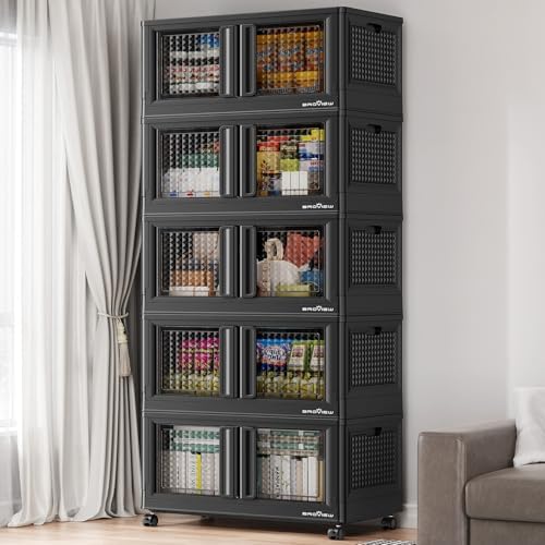 BROVIEW 500 Qt Stackable Storage Bins with Lids & Doors, 5 Pack Plastic Closet Organizer and Storage Drawers with Wheels, Large Collapsible Storage Boxes, Cabinet for Home, Office, V10, Black by BROVIEW-EnjoytheArtofLife