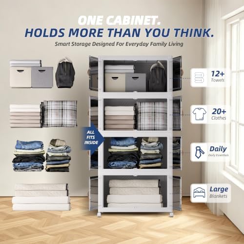 SAILUN 424QT/106Gal Stackable Storage Bins with a Lid, Collapsible Storage Bins With Doors, Folding Cabinet for Home Closet Organization,4 Pack-26 W x 16.5" D x 57.1" H White - Image 5