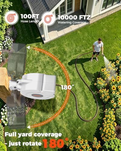 5/8 inch 100ft Retractable Garden Hose Reel with Any-Length Lock Slow Auto Rewind Heavy Duty Hose Reel With 9-Pattern Nozzle 180° Swivel Bracket UV Resistant Wall Mounted Hose Reel for Outside - Image 5