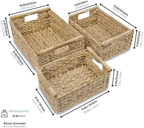 VATIMA Hyacinth Wicker Basket Set 3 size - Rectangular, Wooden Handles, Shelf Organizer, Natural Bins - Image 6