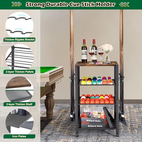 Pool Stick Holder Rack Stand for 8 Cue Sticks - Billiard Game Room Storage Cart with Organizer for Balls, Pool Table Accessories and Equipment - Heavy Duty Floor Stand Cue Stick Rack for Home or Bar - Image 4