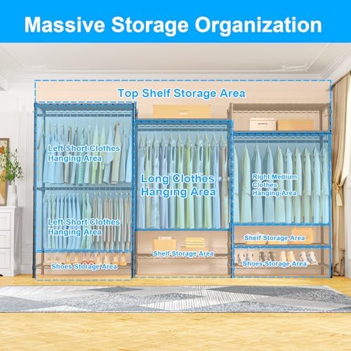 Ulif E13 Max Heavy Duty Clothes Rack（With 4 Hanger Rods & 8 Shelves） Freestanding Clothing Racks for Hanging Clothes，Adjustable Closet，Metal Garment Rack 86" W x16 D x77 H，Max Load 1100LBS，Black - Image 3