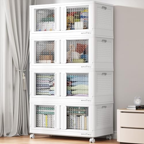 BROVIEW 400 Qt Stackable Storage Bins with Lids & Doors, 4 Pack Plastic Closet Organizer and Storage Drawers with Wheels, Large Collapsible Storage Boxes, Cabinet for Home, Office, V10, White by BROVIEW-EnjoytheArtofLife
