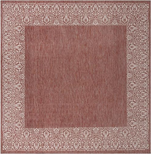 Unique Loom Outdoor Border Collection Area Rug - Floral Border (13' Square Rust Red/Ivory) - Image 2