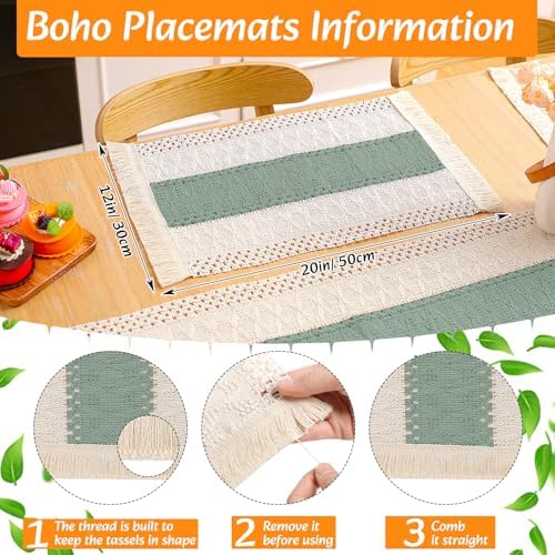 6 Sets Boho Placemat Table Runner Napkin Rings, Green, 12x72 - Image 2