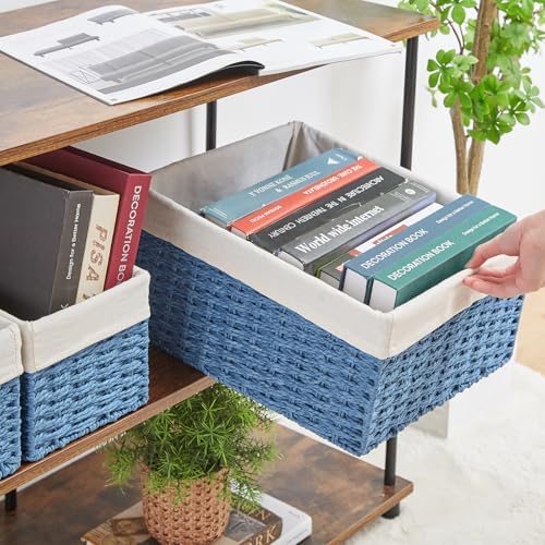 Vagusicc Wicker Basket, Set of 3 Hand-woven Storage Baskets for Organizing, Rectangle Wicker Storage Basket Bins with Handles, Small Toilet Paper Storage Baskets for Shelves & Decor, Blue - Image 2
