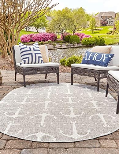 Unique Loom Outdoor Coastal Collection Area Rug - Ahoy (7' 10" x 10' Oval, Gray/ Ivory) - Image 4