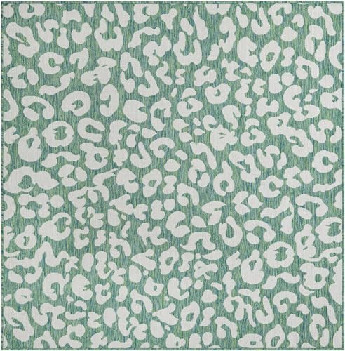 Unique Loom Outdoor Safari Collection Area Rug - Leopard (6' 1" Square Green Blue/Ivory) - Image 2