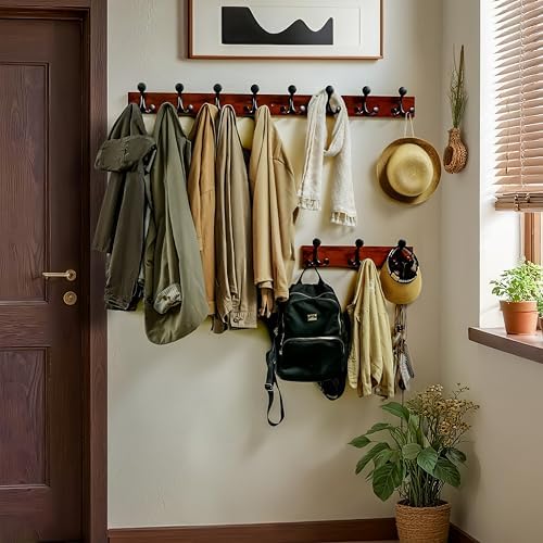 WEBI Coat Rack Wall Mount,36" Solid Wood Coat Hooks Wall Mounted Coat Hanger,16" Hole to Hole,Heavy Duty Hook Rack Rail,6 Triple Hooks for Hanging Coats,Jacket,Clothes,Hat,Backpack,Cherry - Image 3
