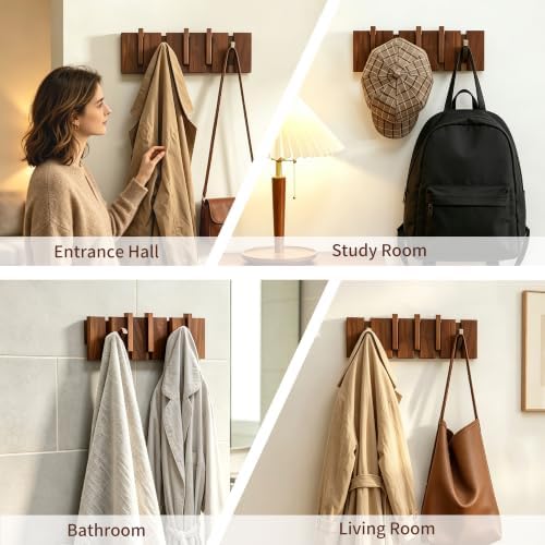 Coat Rack Wall Mount, Walnut 5 Flip-Down Picket Hanger Hooks for Entryway - Image 5