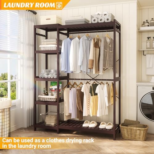 Homykic Bamboo Clothing Rack with 7 Adjustable Shelves, 2 Rods, Espresso - Image 7
