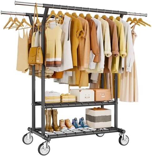 HYSEYY Heavy Duty Clothes Rack, Rolling Clothing Rack With Shelves Load 620 LBS, Double Rod Clothing Racks for Hanging Clothes, Portable& Adjustable Clothes Rack with Wheels,Black by HYSEYY