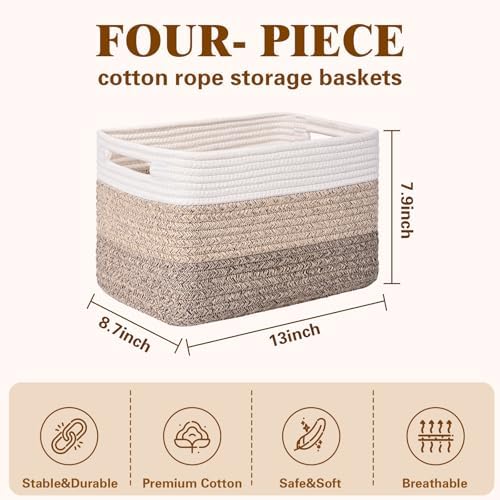 Storage Baskets for Organizing, 4 Pack Baskets for Shelves, Decorative Storage Bins for Shelves, Cotton Rope Storage Basket with Handles, Woven Basket for Storage, 13''Lx8.7''Wx7.9''H, Gradient Brown - Image 3