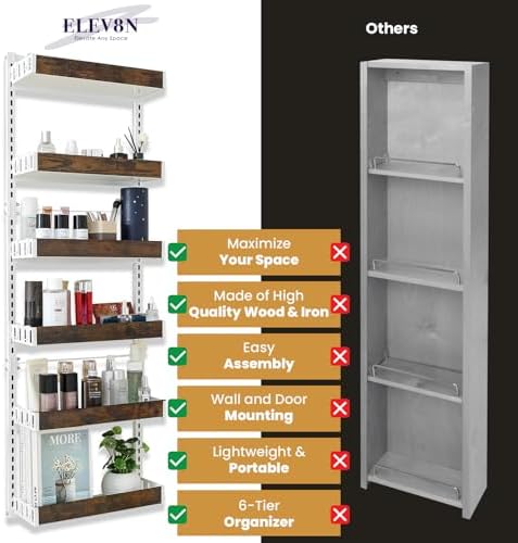 Over-The-Door Organizer – 6-Tier Wooden Pantry Storage Shelf with 12 Hooks, Wall-Mount or Hanging Spice Rack for Kitchen, Bathroom, or Closet - Image 6