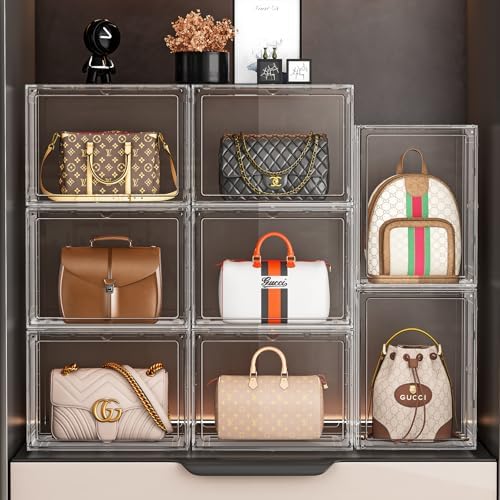 5 Pack Purse Organizer for Closet, Handbag Storage Organizer Stackable Display Case with Magnetic Door, Closet Storage Bins for Handbag, Purse, Backpack, Collectibles, White - Image 5