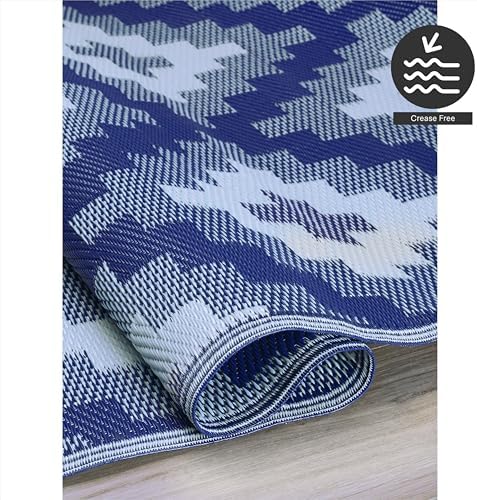 FH Home Outdoor Rug - Waterproof, Fade Resistant, Reversible - Premium Recycled Plastic - Geometric - Patio, Deck, Porch, Balcony, Laundry Room - Aztec Kilim - Blue Multi Crease Free - 5 x 8 ft - Image 6