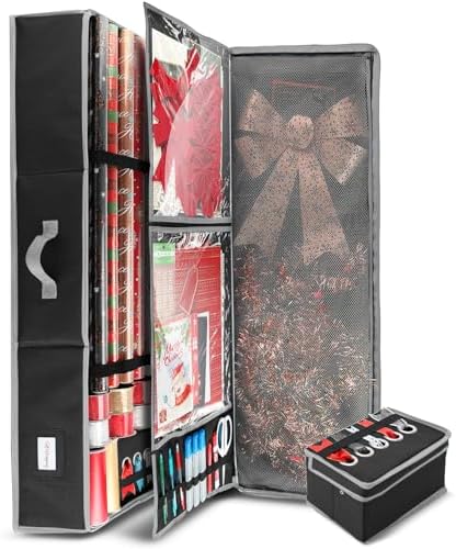 Hearth & Harbor Holiday Storage with Extra 2 PC of Christmas Storage Bins and Ribbon Storage Organizer - Fade Resistant Wrapping Paper Storage Containers with Wheels Fits Up to 30 Rolls of 40" Length by HearthHarbor