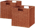Vagusicc Wicker Storage Basket, Set of 2 Hand-Woven Paper Rope Wicker Baskets, Foldable Cube Storage Bins, 11 inch Storage Basket, Square Baskets for Organizing Shelves & Decor, Orange (11″×11″×11″) by Vagusicc