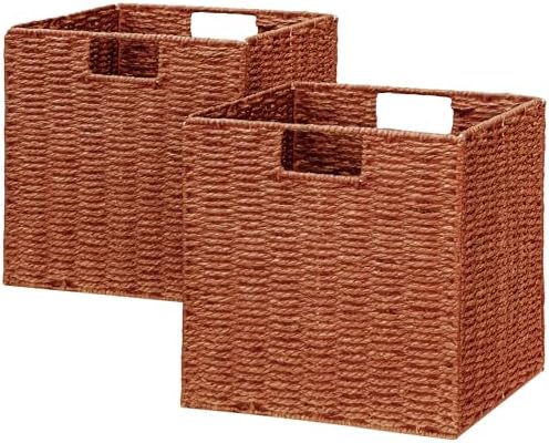 Vagusicc Wicker Storage Basket, Set of 2 Hand-Woven Paper Rope Wicker Baskets, Foldable Cube Storage Bins, 11 inch Storage Basket, Square Baskets for Organizing Shelves & Decor, Orange (11″×11″×11″) by Vagusicc