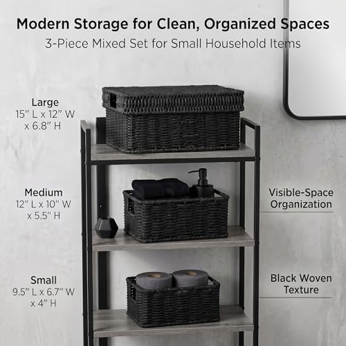 Wicker Storage Basket with Lid for Shelves, 3-Basket Set, Black - Image 3
