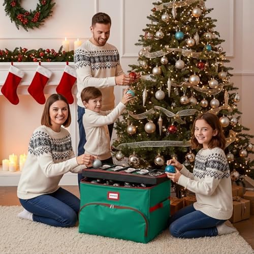 Christmas Nutcracker and Figurine Collectible Storage Box - Holds Up to 72 Ornaments 4” x 4” - Top Adjustable Compartments for Figurines, Nutcrackers, etc - Heavy Duty 600D/ Inside PVC Material, Green - Image 2