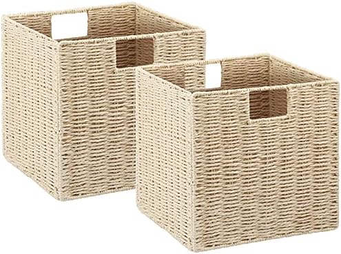 Vagusicc Wicker Storage Basket, Set of 2 Hand-Woven Paper Rope Wicker Baskets, Foldable Cube Storage Bins, Beige Storage Basket, Square Baskets for Organizing Shelves & Decor, Beige(13″×13″×13″) by Vagusicc