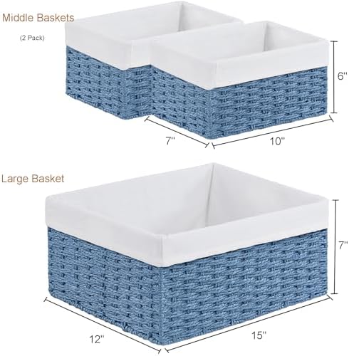 Vagusicc Wicker Basket, Set of 3 Hand-woven Storage Baskets for Organizing, Rectangle Wicker Storage Basket Bins with Handles, Small Toilet Paper Storage Baskets for Shelves & Decor, Blue - Image 3