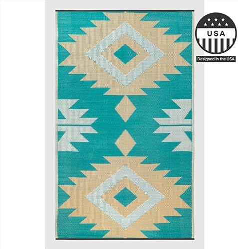 FH Home Outdoor Rug - Waterproof, Fade Resistant, Reversible - Premium Recycled Plastic - Geometric - Patio, Deck, Porch, Balcony - Bursa Kilim - Teal Crease Free - 5 x 8 ft - Image 4