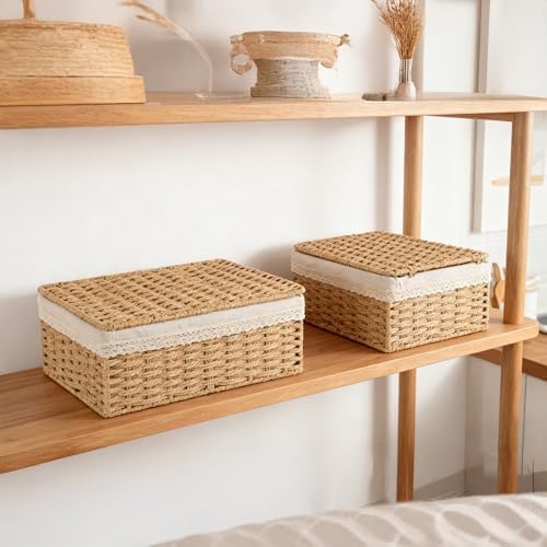 Nonam Rattan Divided Storage Basket with Lid, Set of 3, Natural - Image 6