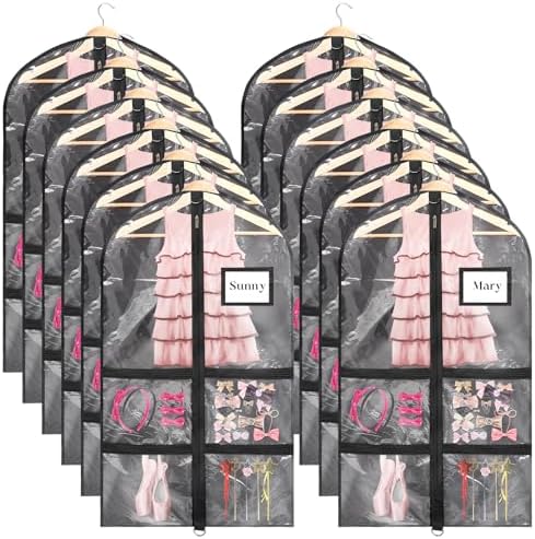 Nuenen 12 Pcs Clear Garment Bags Dance Costume 5 Pockets,Black,37 Inch by Nuenen