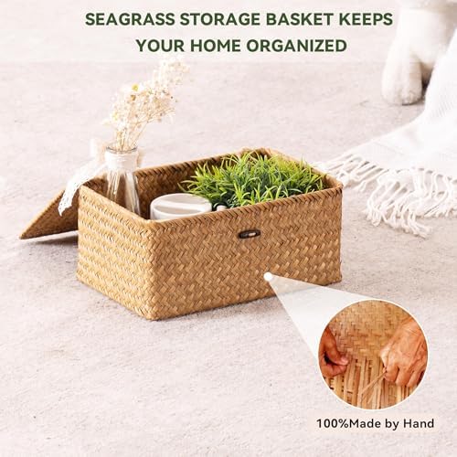 Nonam Wicker Storage Basket with Lid,Seagrass Shelf Basket Set of 3,Nautral - Image 5